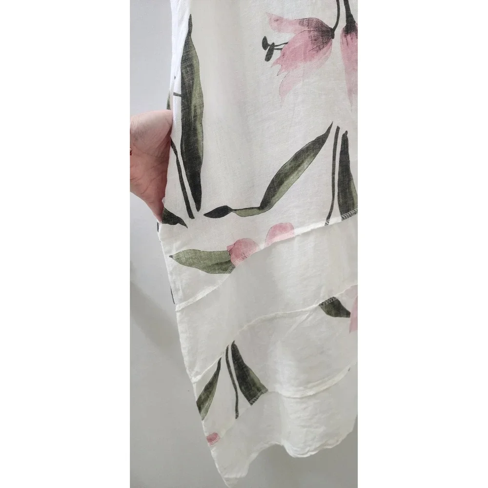 Lungo L'Arno Italy 100% Linen Floral Midi Dress White Pink Green Womens Small - Picture 3 of 6